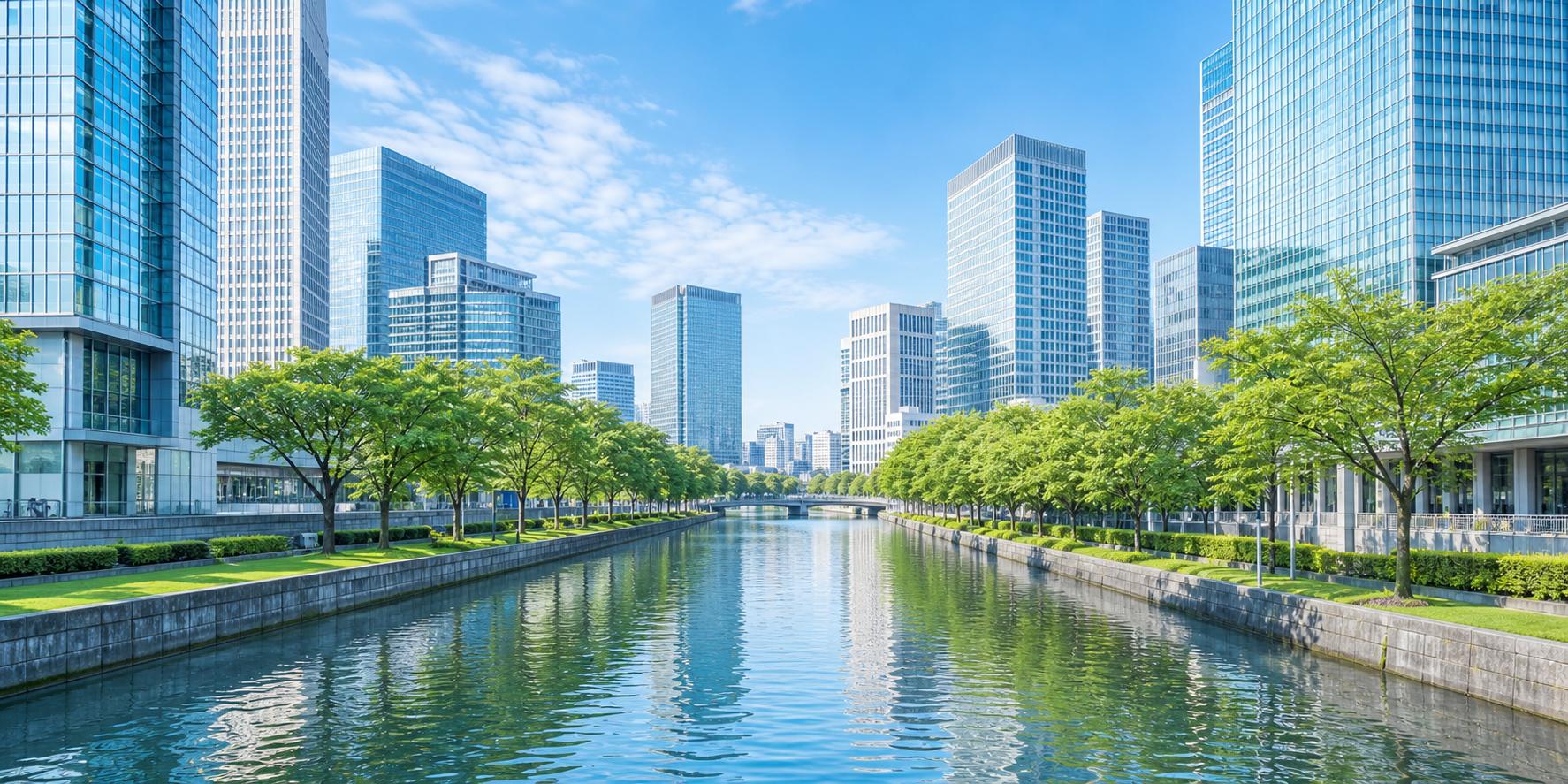 高層ビルと緑が並ぶ都市の水辺